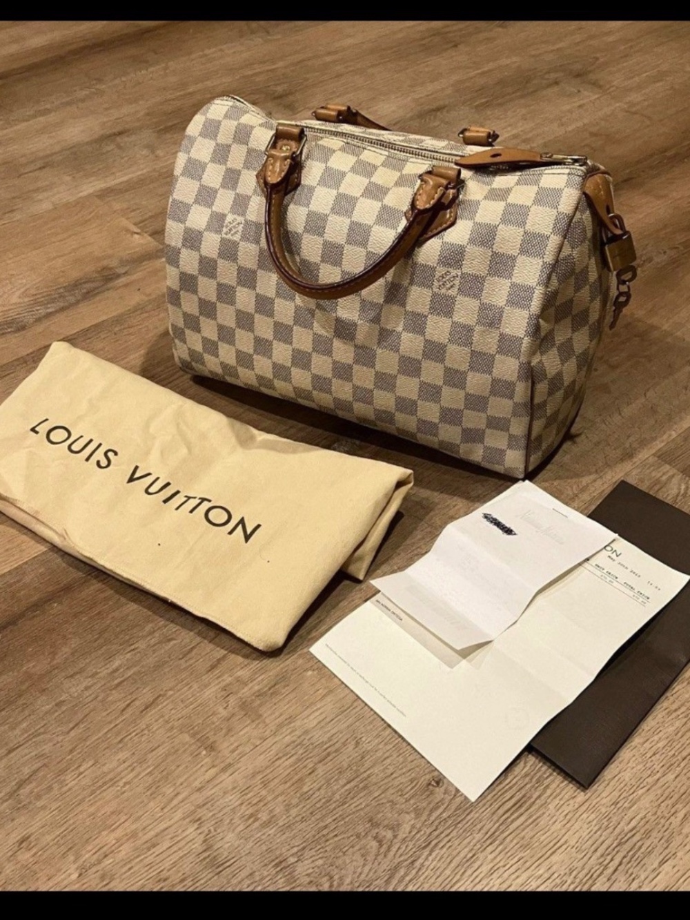 Louis Vuitton Speedy (Damier Azur) style bag.
